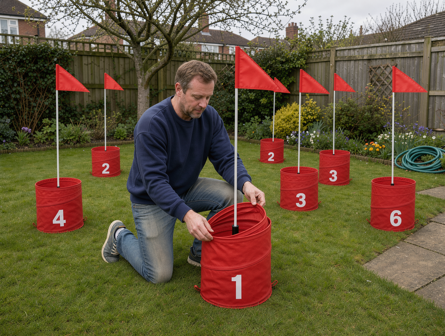 Popping open a numbered Barrel Golf barrel and adding a flag